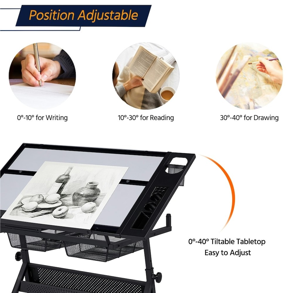 image 1 of Yaheetech Height Adjustable Glass Drafting Table & Stool Set For Artists | Black