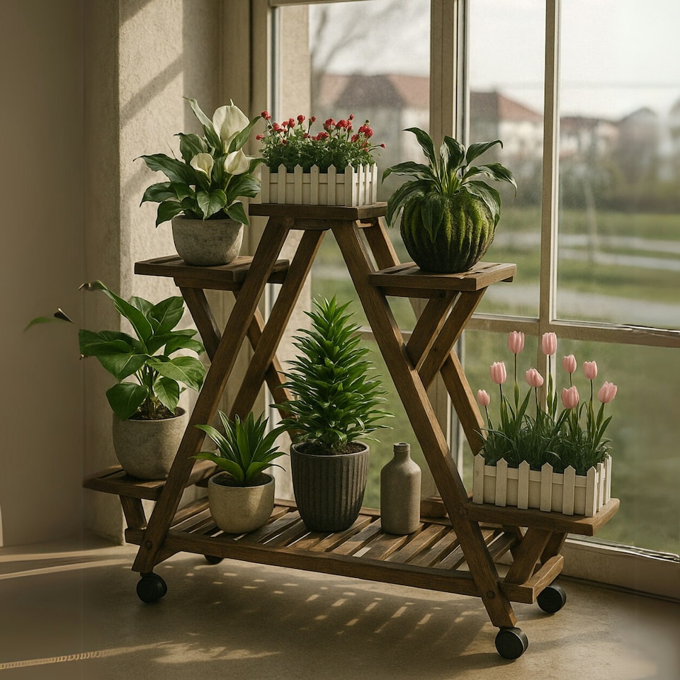 image 1 of 6 Tier Wooden Plant Stand With Lockable Wheels | Brown | One Size