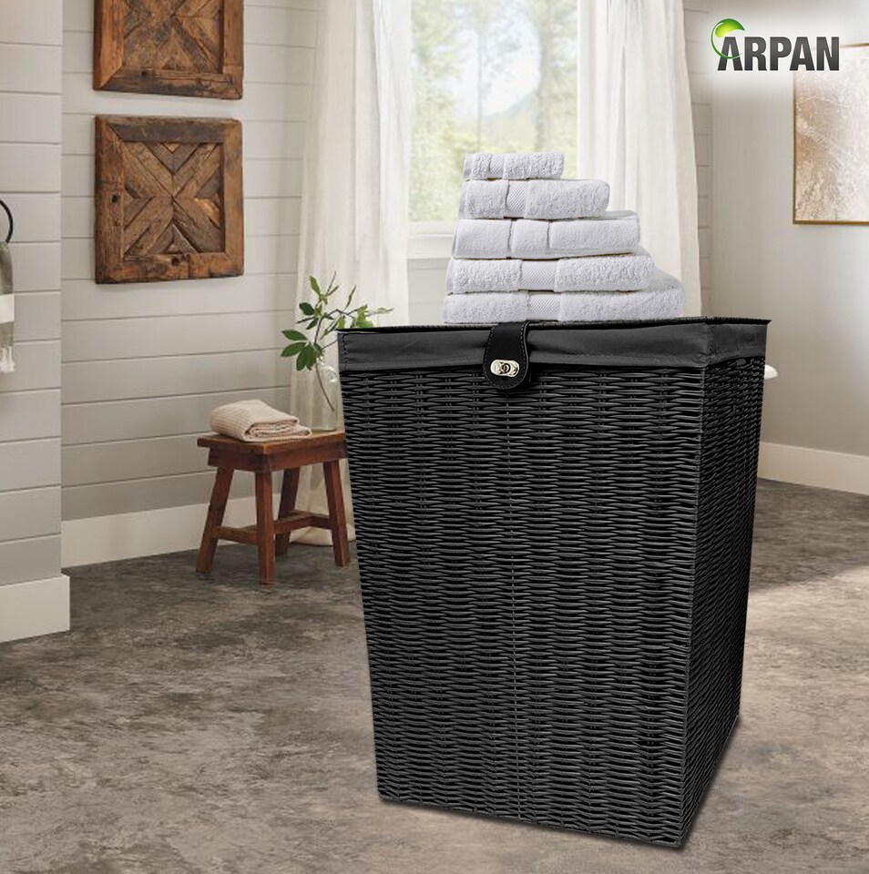 image 1 of Black Resin Laundry Clothes Basket with Lid, Lock & Removable Washable Lining – Wicker Effect Laundry Storage Hamper for Bedroom, Bathroom & Utility Room