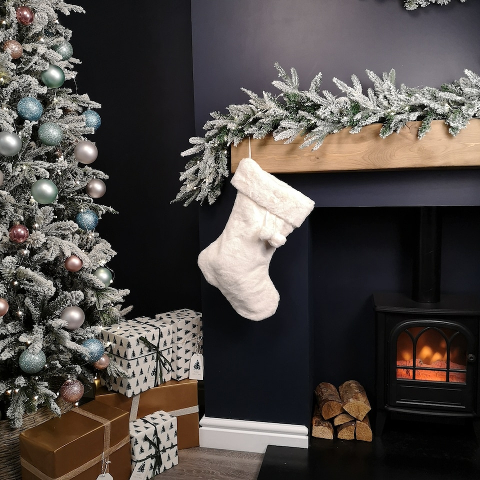 image 1 of 50cm Winter White Faux Fur Hanging Christmas Stocking with Pom Poms