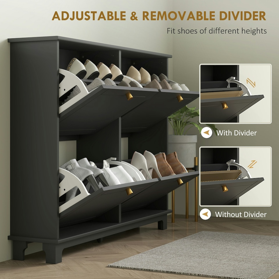 image 1 of HOMCOM Narrow Shoe Cabinet with 4 Flip Drawers Adjustable Shelves Black | Gold | 119.5W x 23.5D x 87H cm