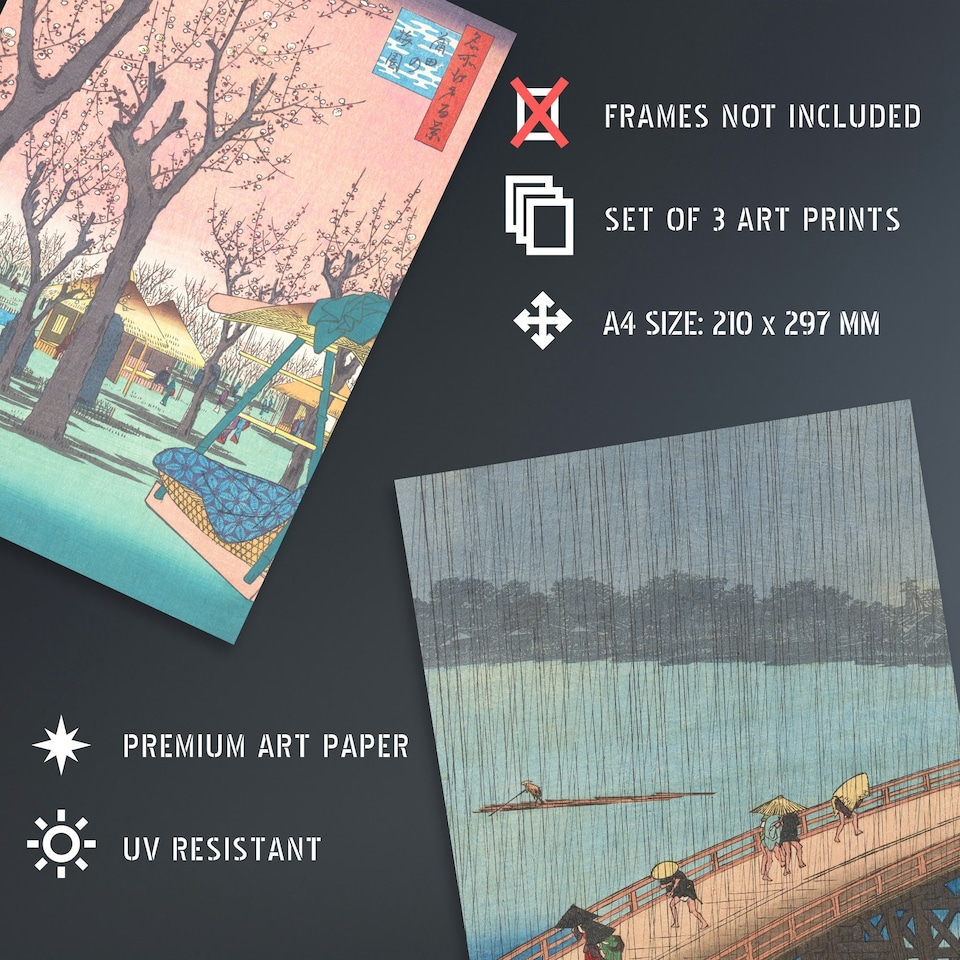 image 1 of Set of 3 Hiroshige Views of Edo Blue Green Japanese A4 Wall Art Prints | Blue