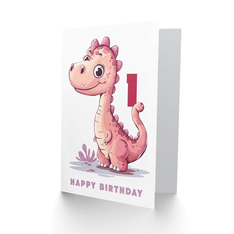 image 1 of 1st Cute Pink Baby Dinosaur Cartoon Kids Age 1 Year Old Child Birthday Card