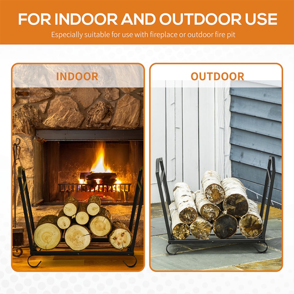 image 1 of Outsunny Metal Firewood Log Holder Indoor Outdoor Folding Firewood Rack Fireplace Wood Storage Shelf w Scrolls, RustResistant, Black, 48L x 34W x 37Hcm