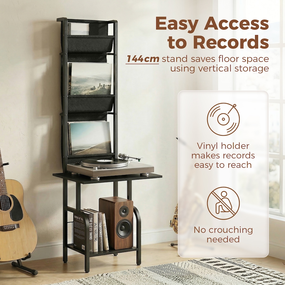 image 1 of HOMCOM Vinyl Record Player Stand with Oxford Pockets, Black