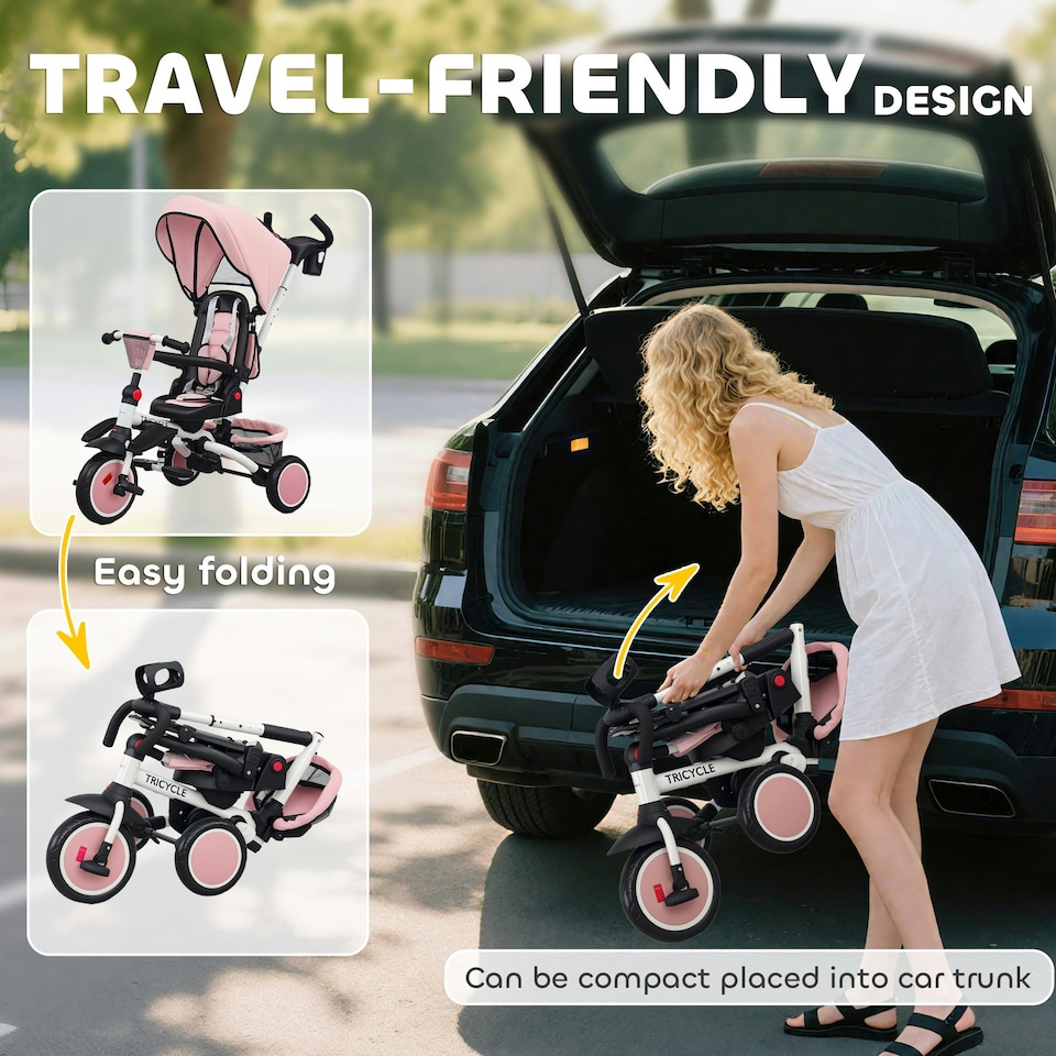 image 1 of AIYAPLAY 6 in 1 Kids Trike, Toddler Tricycle with Parent Handle, Pink