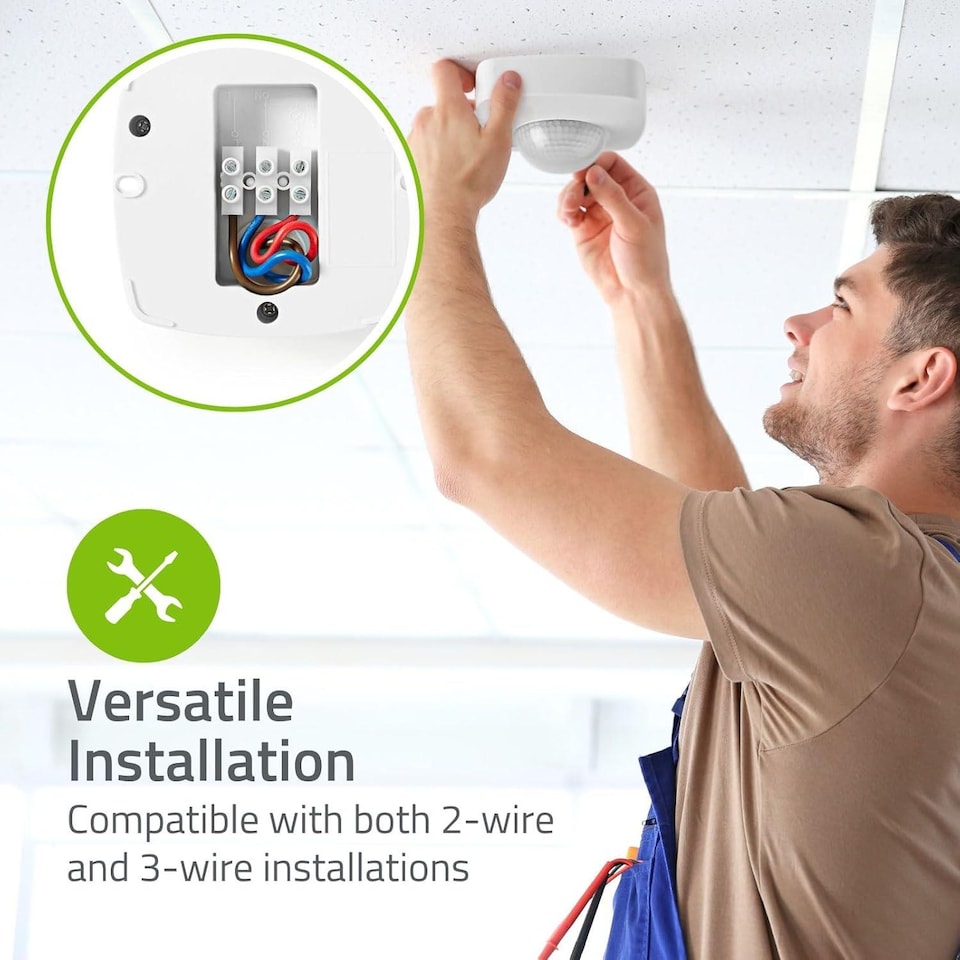 image 1 of Nedis PIR Occupancy Motion Sensor Detector Light Switch, Ceiling Mount, 360 Degree 6m Range, 3 Wire - White