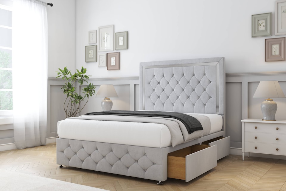 image 1 of Sloomy Sofia Chrome Silver Naples Divan Bed With Mattress No Drawers With 54" Floor Standing Headboard & 12" Matching Footboard 5' King | Silver | Silver | King | 1