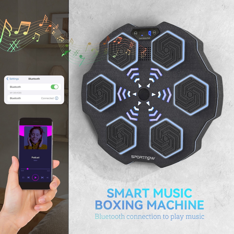 image 1 of SPORTNOW Music Boxing Machine, Smart Bluetooth Boxing Machine Wall Mounted with 9 Speeds & Modes, LED Lights, Punching Pad for Adults, Black