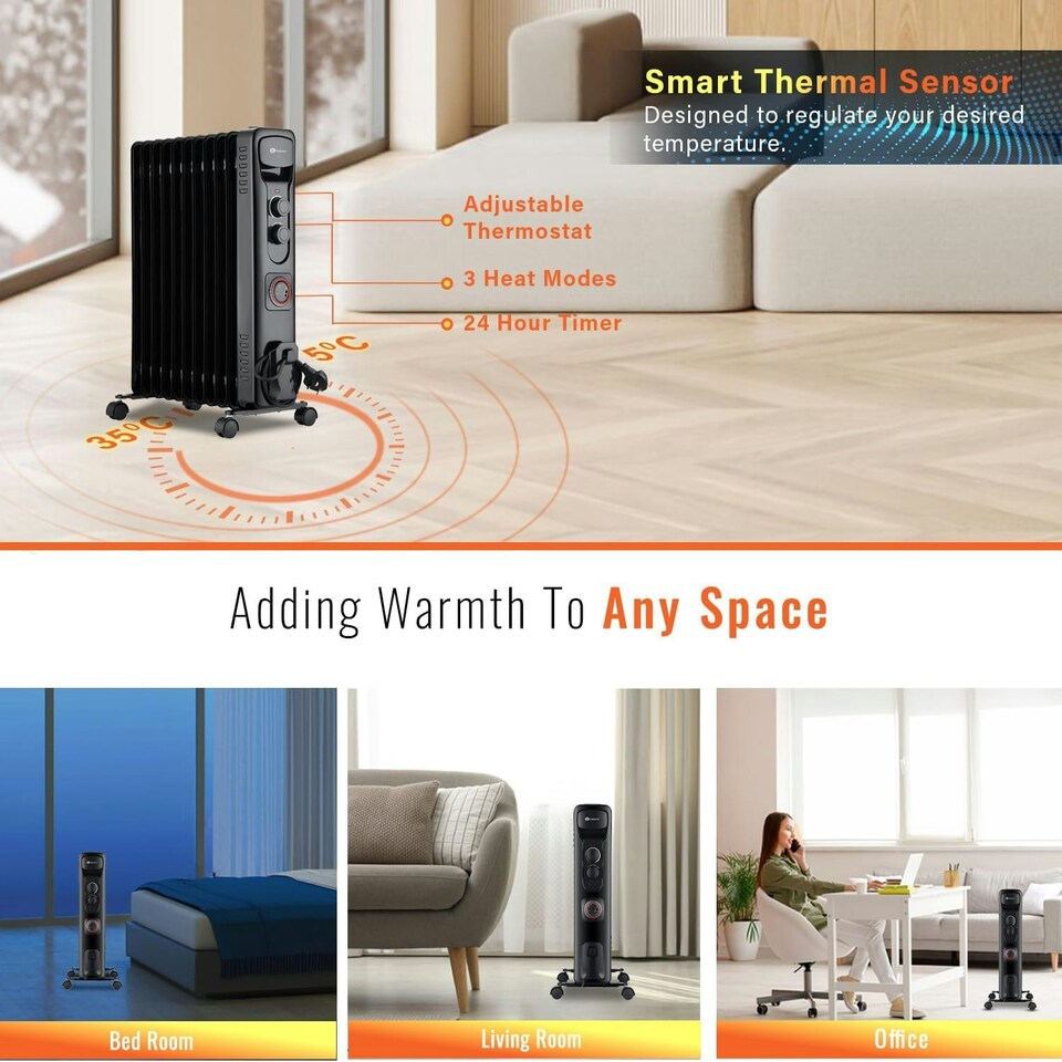 image 1 of PureMate 2500W Oil Filled Radiator, 11 Fin Portable Electric Heater with Adjustable Thermostat, 24hr Timer & 3 Heat Settings