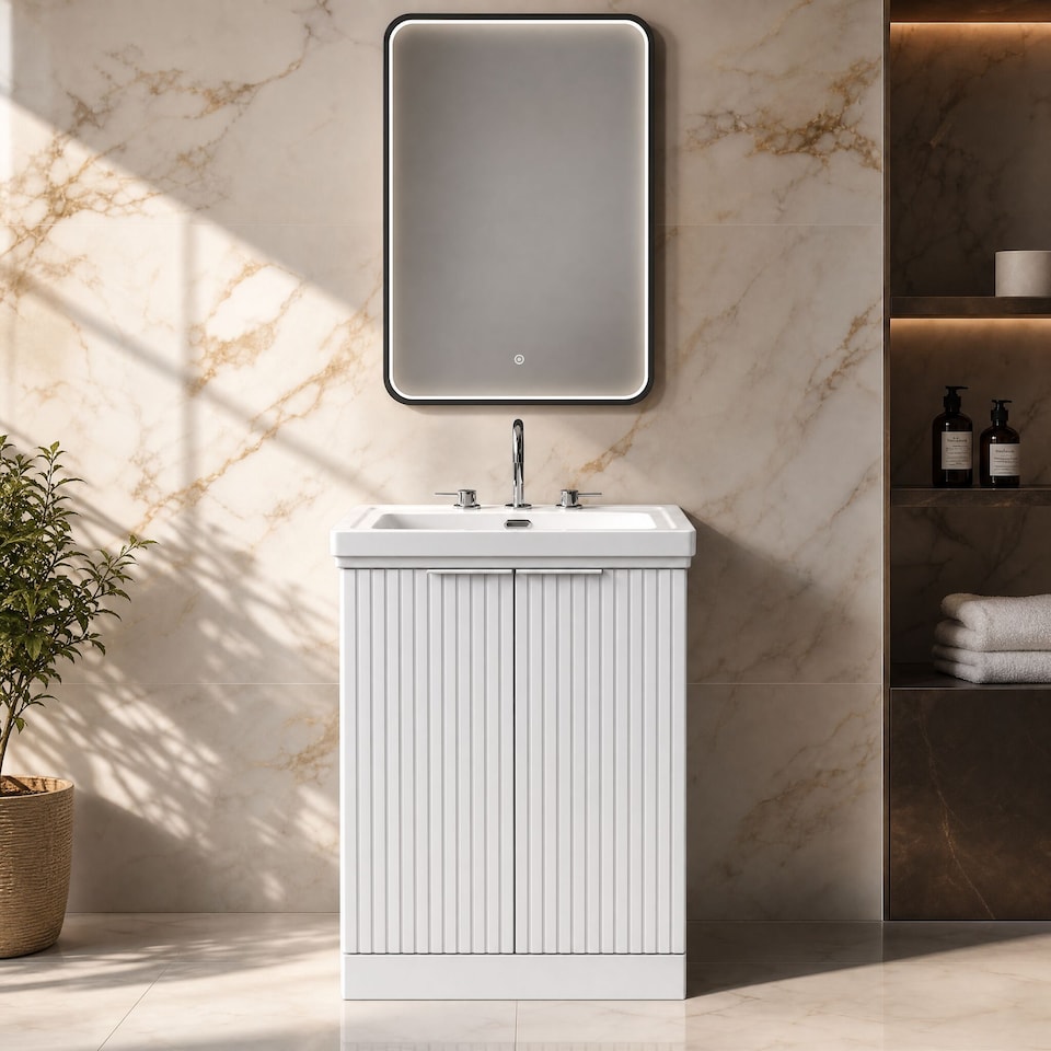 image 1 of Balterley Callingwood Contemporary Floor Standing 2 Door Vanity Unit with Traditional 3 Tap Hole Fireclay Basin , 600mm, Matt White