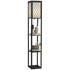 HOMCOM Floor Lamp with Shelves, Modern Tall Standing Lamps with Fabric Lampshade, Chain Switch and Single Light for Living Room, Bedroom, Bulb not Included, Black