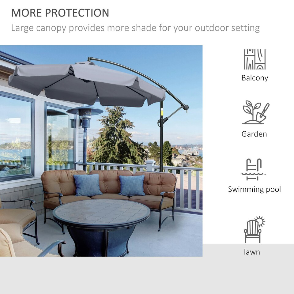 image 1 of Outsunny 2.7m Garden Cantilever Banana Parasol Sun Shade w/ Crank, Dark Grey
