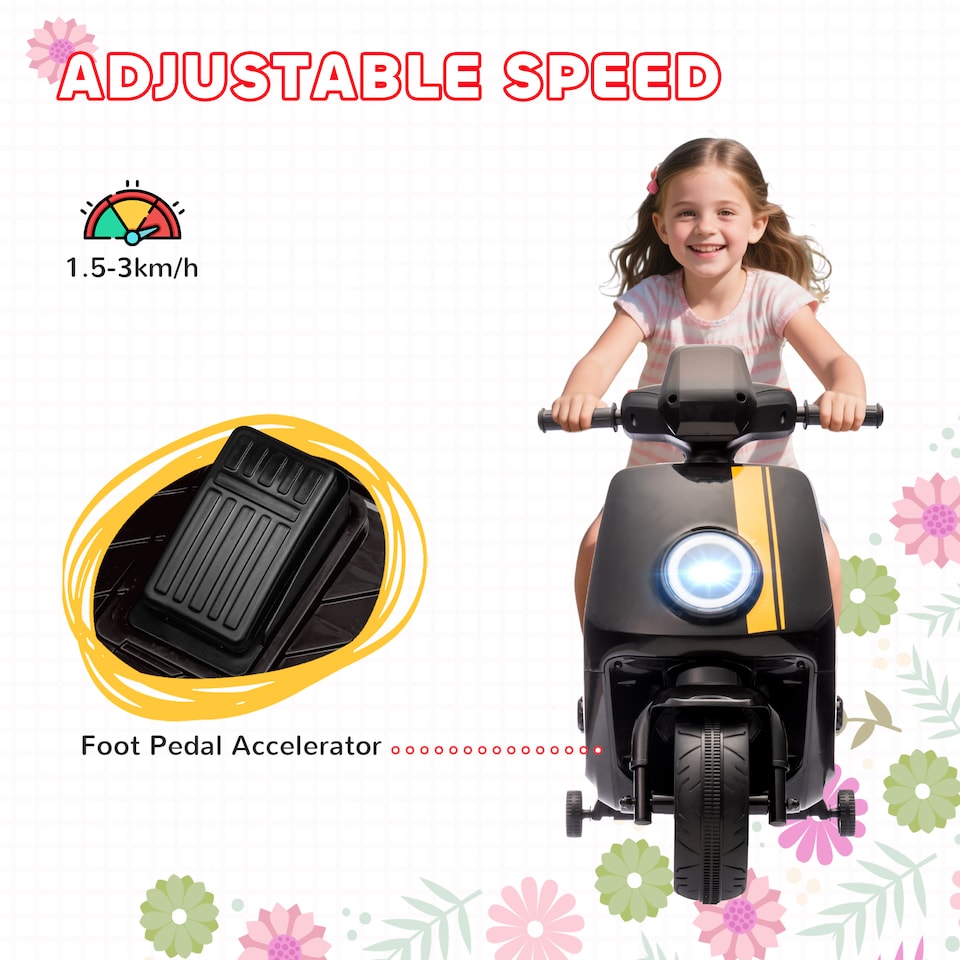 image 1 of AIYAPLAY 6V Kids Electric Motorbike, Ride on Motorbike with Headlight, Music, Forward Reverse, Training Wheels, for Ages 18-36 Months, Black