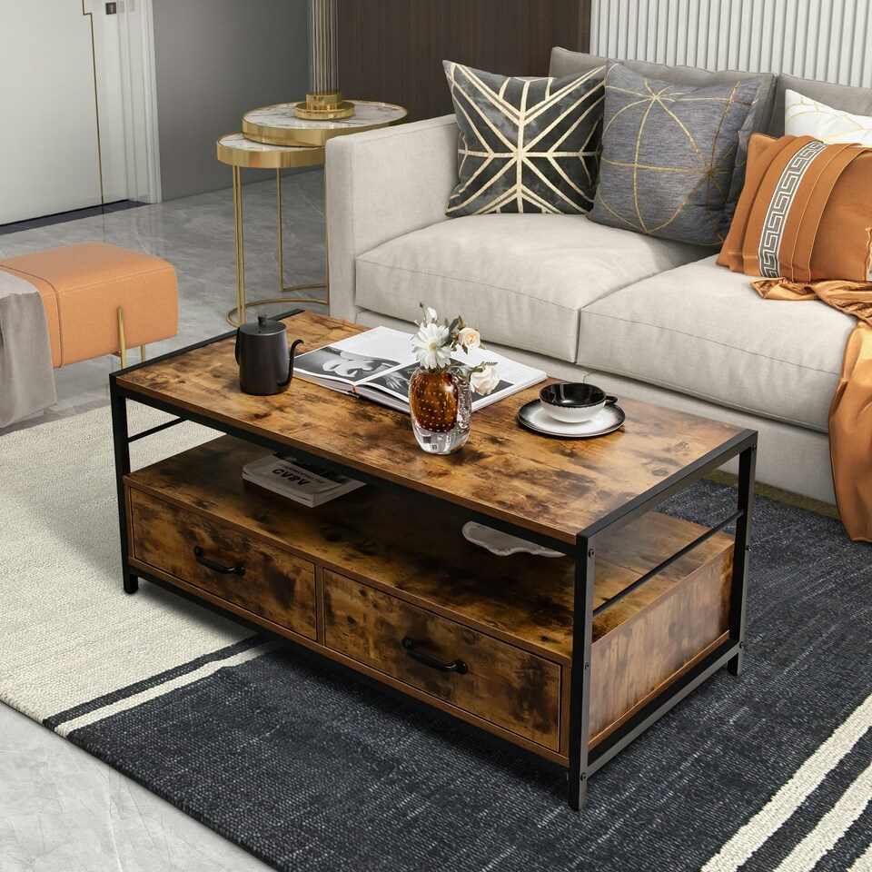 image 1 of COSTWAY Industrial Coffee Table Wooden Center Table with 2 Drawers | Brown