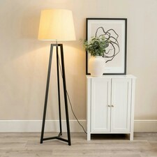 ValueLights Lottie Black Wood Tripod Floor Lamp with Beige Fabric Tapered Shade