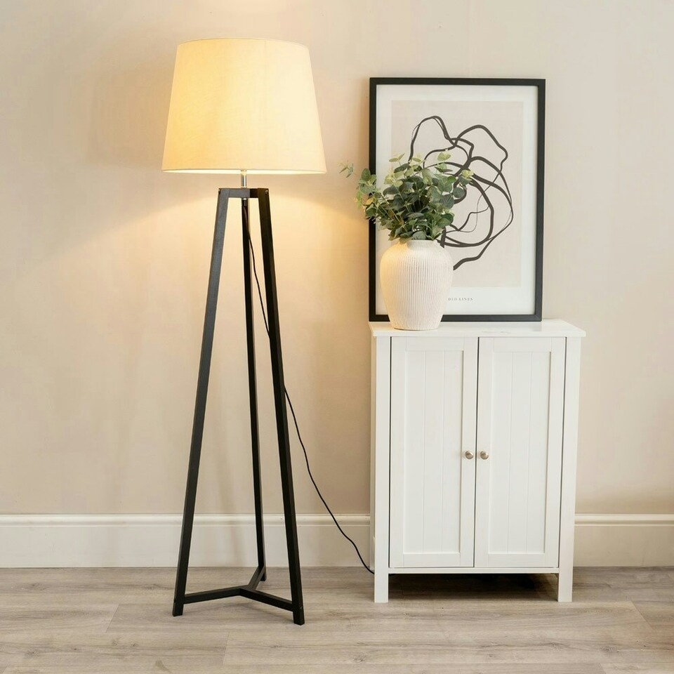 image 1 of ValueLights Lottie Black Wood Tripod Floor Lamp with Beige Fabric Tapered Shade