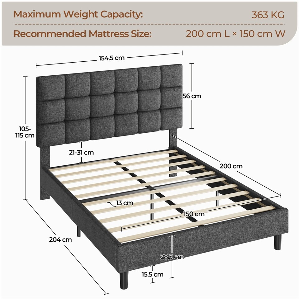image 1 of Yaheetech 150 cm W × 200 cm L Upholstered Bed Frame Dark Grey