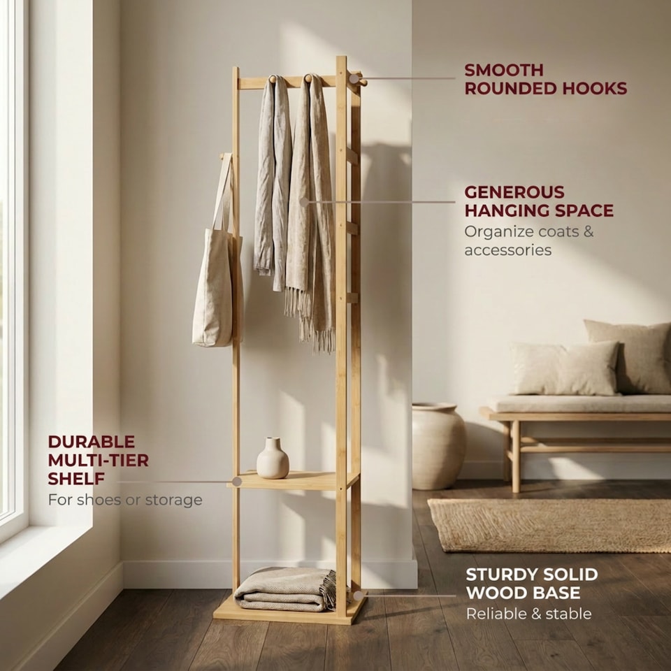 image 1 of Narrow Wooden Clothes Rail With 2 Shelves Brown | One Size
