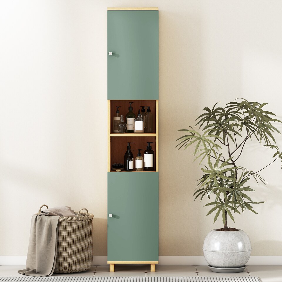 image 1 of HOMCOM Tall Bathroom Cabinet, Freestanding Slim Bathroom Storage Cabinet with 2 Doors, Adjustable Shelves and Open Shelves, 30 x 30 x 166 cm, Green