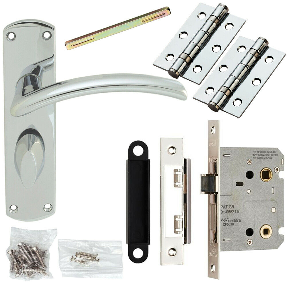 Loops Door Handle & Bathroom Lock Pack Chrome Arched Lever Thumb Turn Backplate