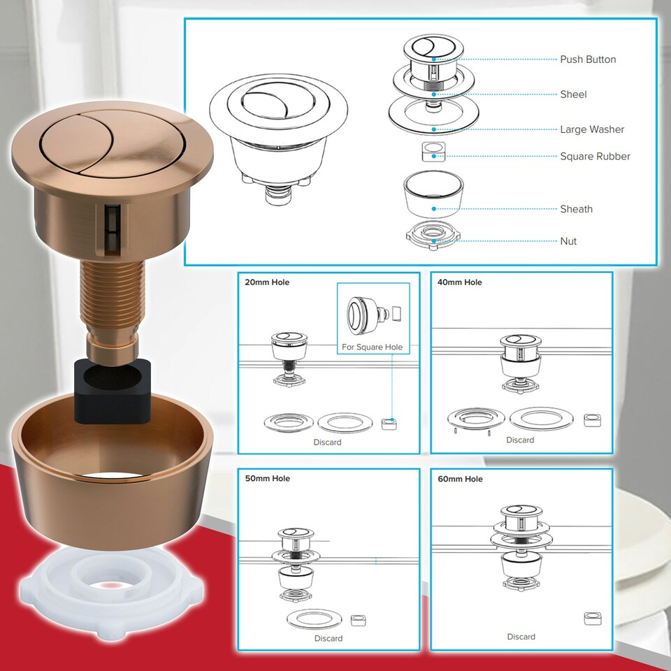 image 1 of SPARES2GO Universal Toilet Cistern Dual Flush Push Button Kit for 20mm 40mm 50mm 60mm Lid Hole (Brushed Copper)
