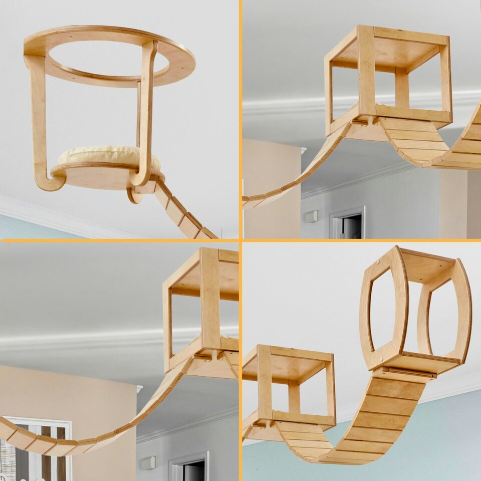image 1 of NOVECRAFTO Modular Ceiling Cat Furniture – Wooden Hanging Cat Tower with Shelves, Bridge & Sleeper – Space-Saving Climbing System for Indoor Cats Brown