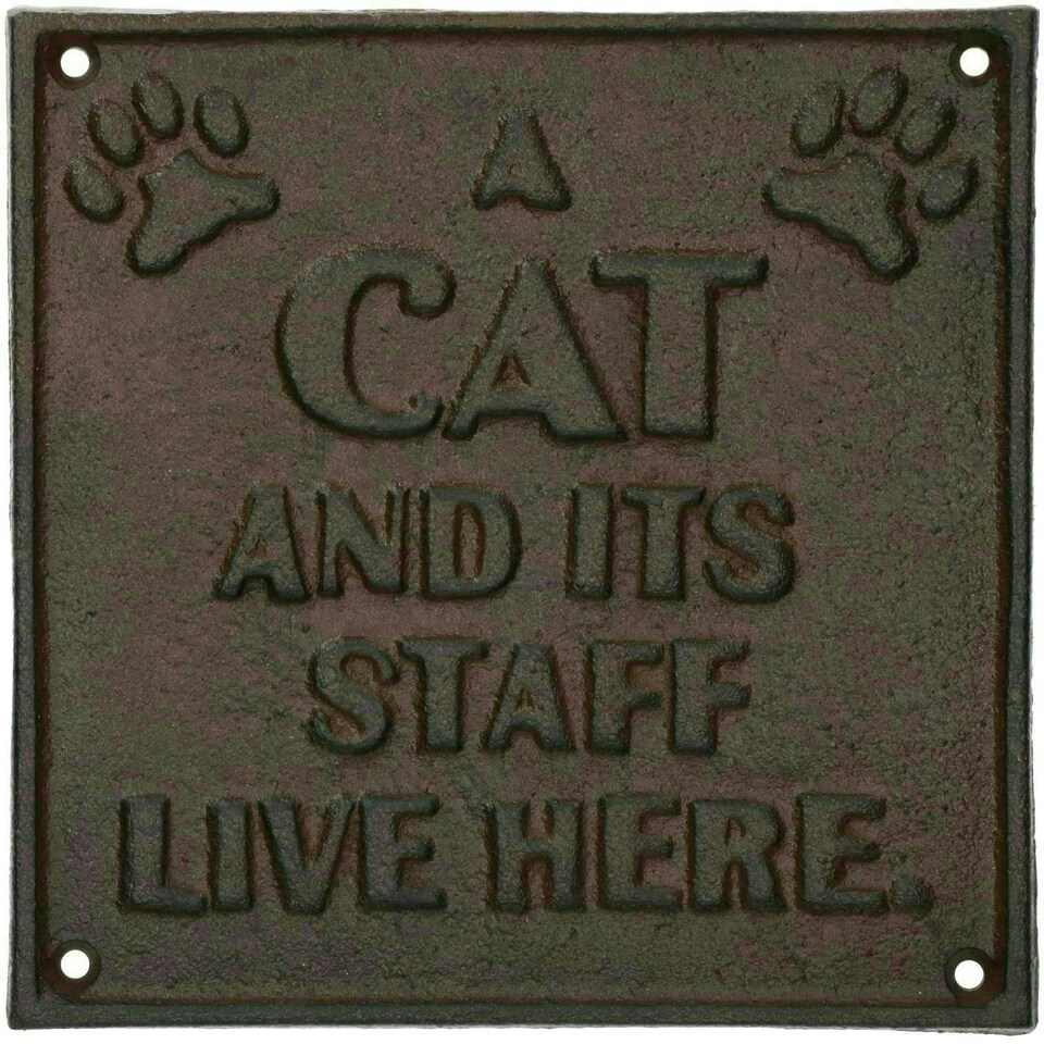 image 1 of A Cat And Staff Live Here Cast Iron Sign Plaque Garden Garage Wall House Home