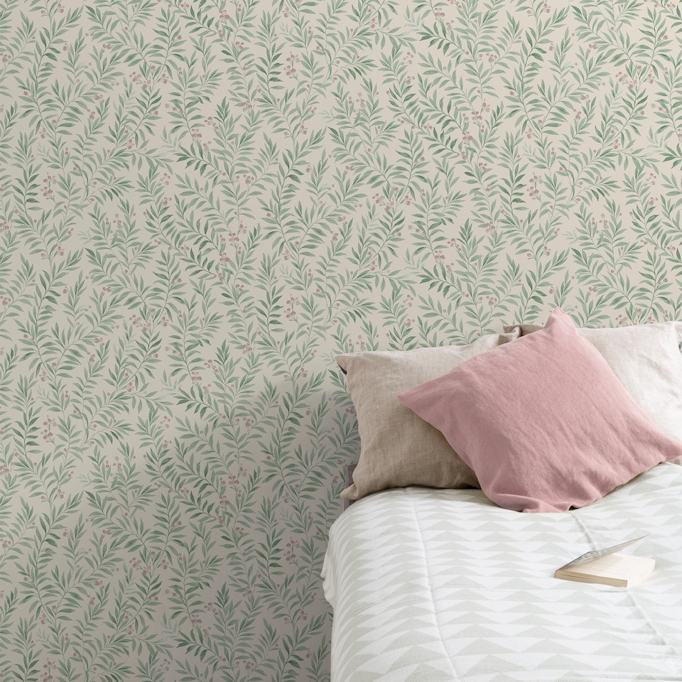 image 1 of Grandeco Sage Trail Foliage and Flowers Textured Wallpaper, Green | Green | Sage Green | 5.32