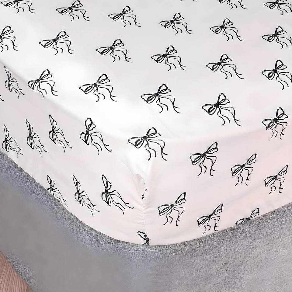 image 1 of OHS Bows Print Microfibre Easy Care 25cm Deep Fitted Bed Sheet | White | Monochrome | King