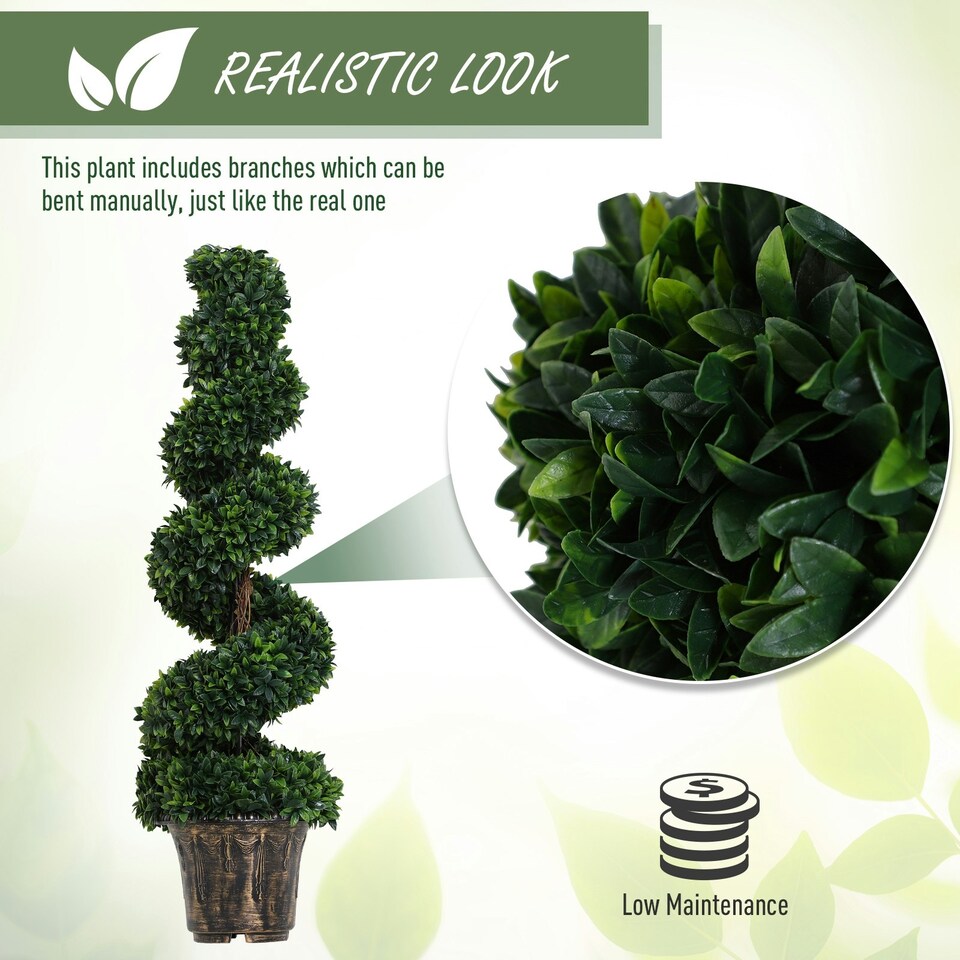 image 1 of Outsunny 2 Pack Artificial Boxwood Spiral Tree Decorative Plant w/ Pot