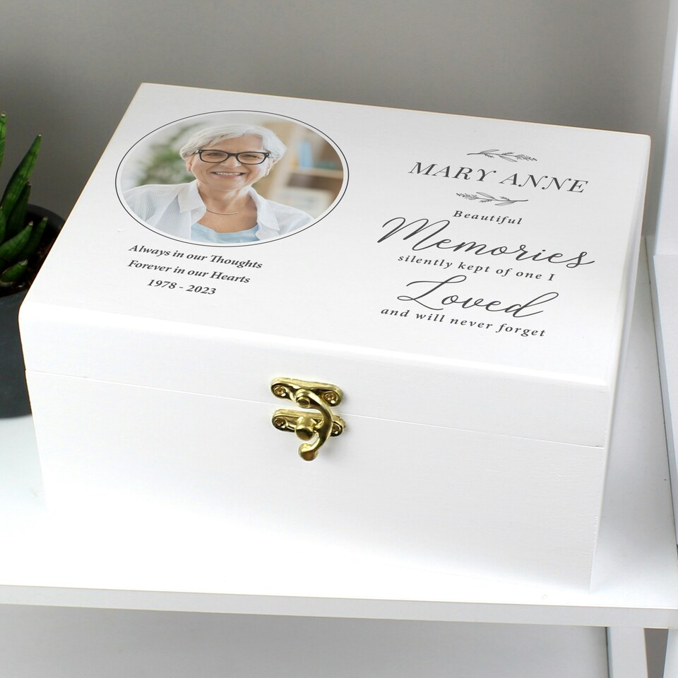 image 1 of Personalised Memorial Photo Upload White Wooden Box White