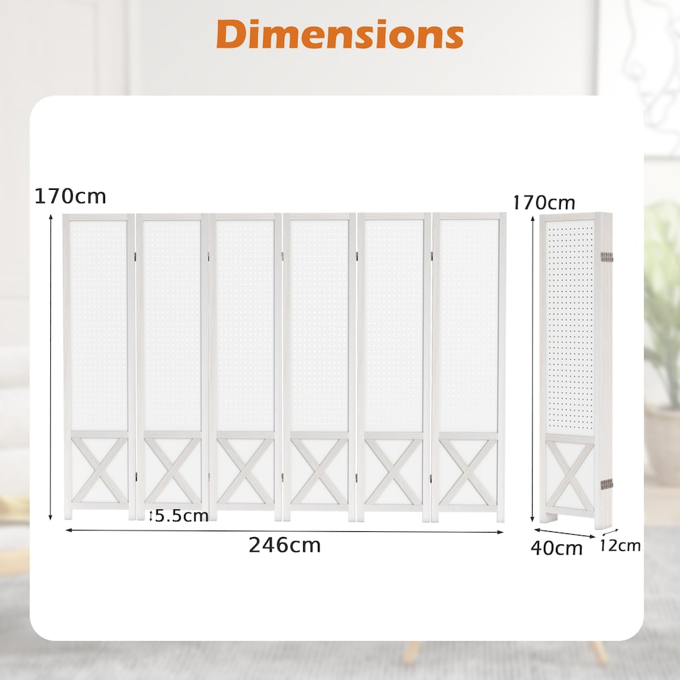 image 1 of COSTWAY 6 Panel 246 x 170 cm Folding Room Divider with Pegboard Display