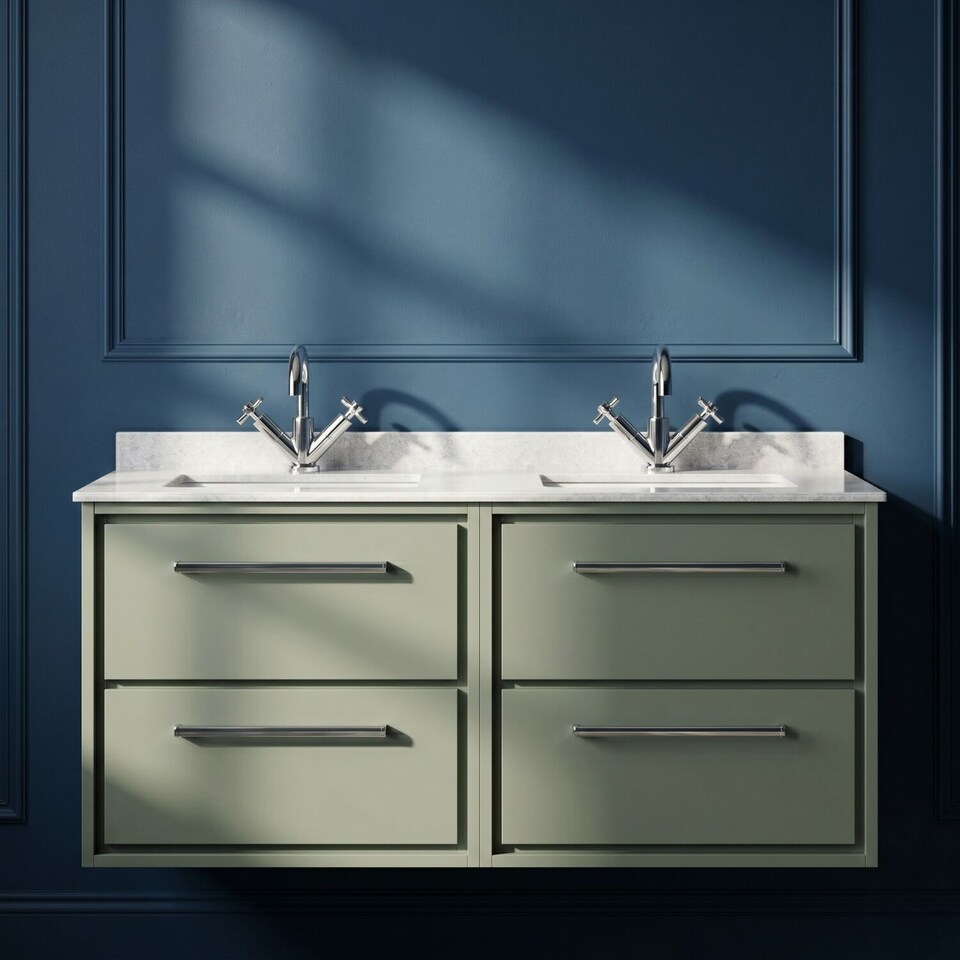 image 1 of Balterley Wall Hung 4 Drawer Vanity Unit with Double Marble Basins | Green | Reed Green | 617 x 1220 x 470mm