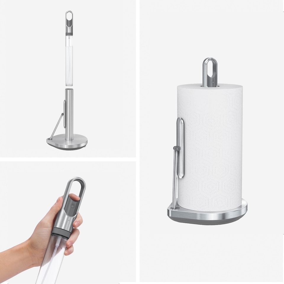 image 1 of Simplehuman Kitchen Roll Holder with built in Spray Bottle Pump, Brushed Stainless Steel | Silver | Brushed Stainless Steel | 1