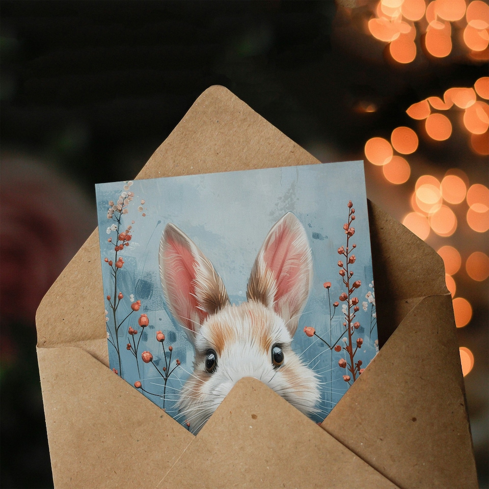 image 1 of Cute Bunny Red Wildflowers Girl Boy Kids Daughter Son Birthday Card