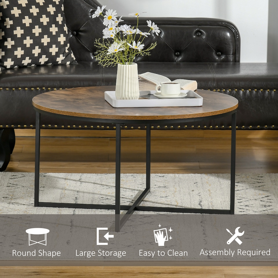 image 1 of HOMCOM Round Coffee Table, Industrial Side Table with Metal Frame, Large Coffee Tables for Living Room, Bedroom, Rustic Brown | Brown