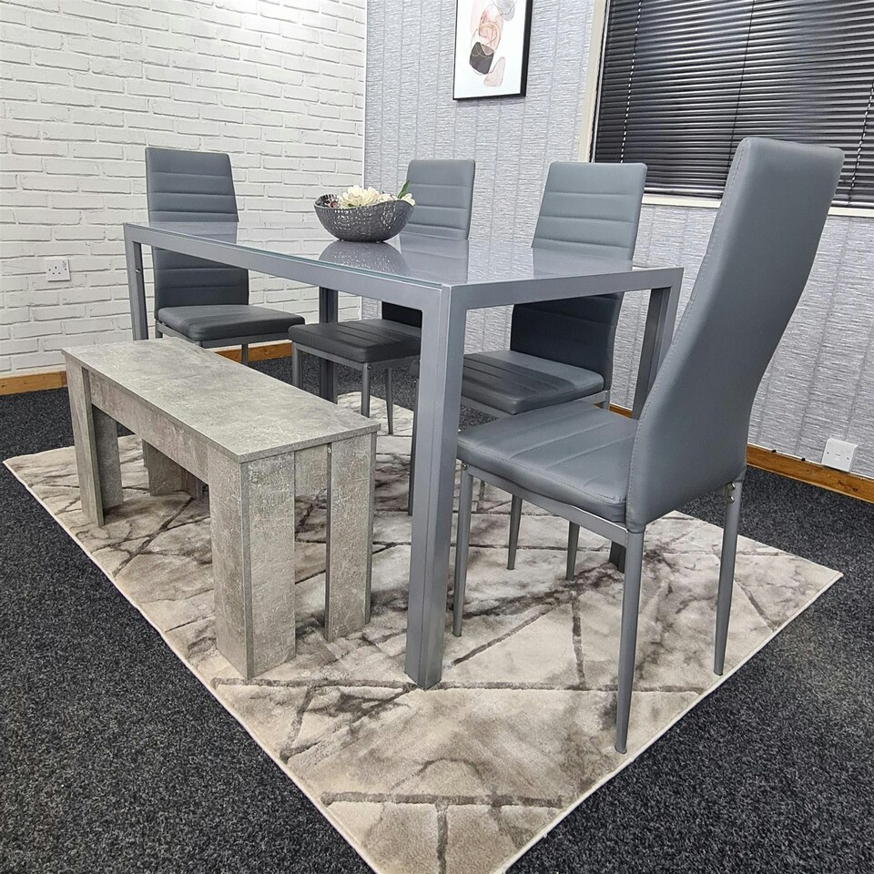 image 1 of Dining Table Set with 4 Chairs, and a Bench Dining Room and Kitchen table set of 4, and Grey Bench | Grey | 6