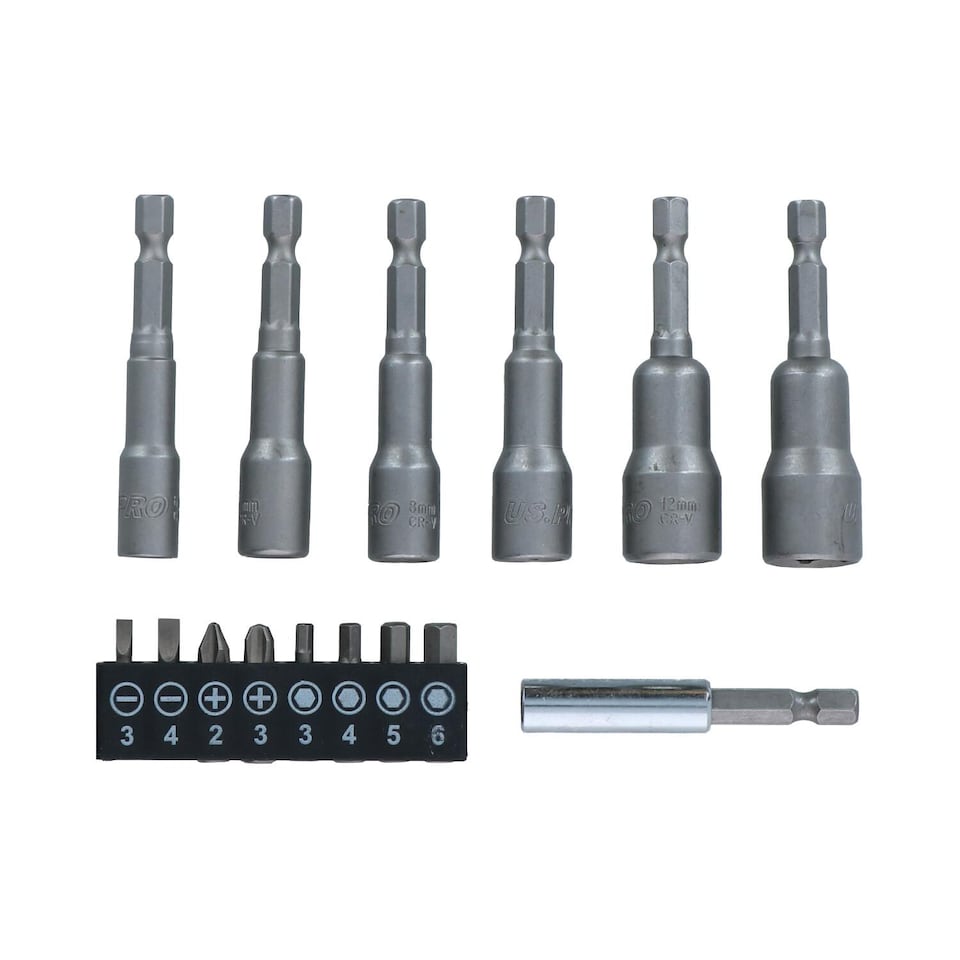 image 1 of Power Nut Driver Drill Bit Metric Sockets 6 - 13mm + Bits 15pc Set 1/4 Hex Shank
