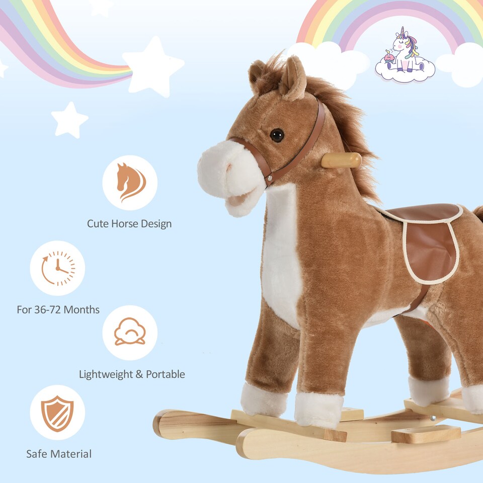 image 1 of HOMCOM Kids Plush Rocking Horse with Sound Moving Mouth Wagging Tail Children Rocker Ride On Toy Gift 3-6 Years Brown