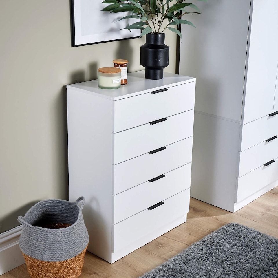 image 1 of Phoenix Chest Of 5 Drawers Bedroom Furniture Clothing Storage Organiser Unit | White
