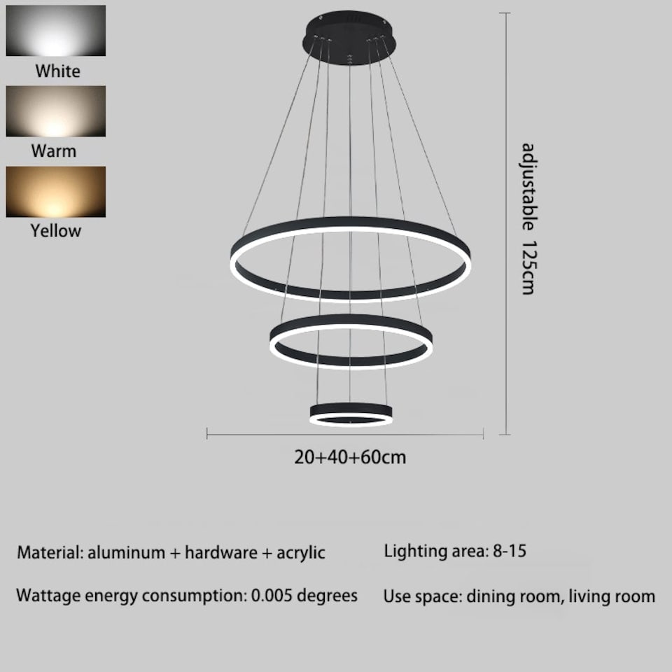 image 1 of Living and Home Modern 3-Ring Aluminum LED Pendant Light | Black