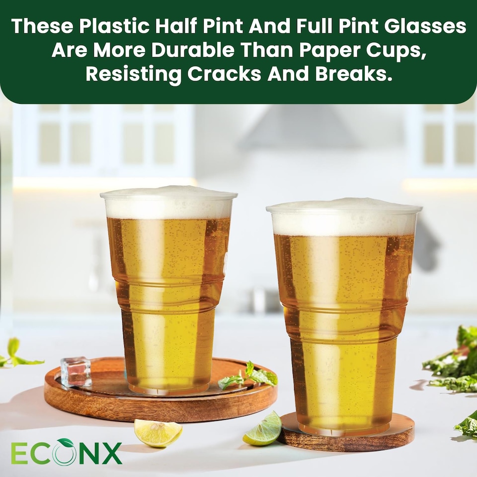 image 1 of ECONX 20oz Plastic Full Pint Cups Clear Beer Reusable Glasses For Pub Beach Parties 100pc