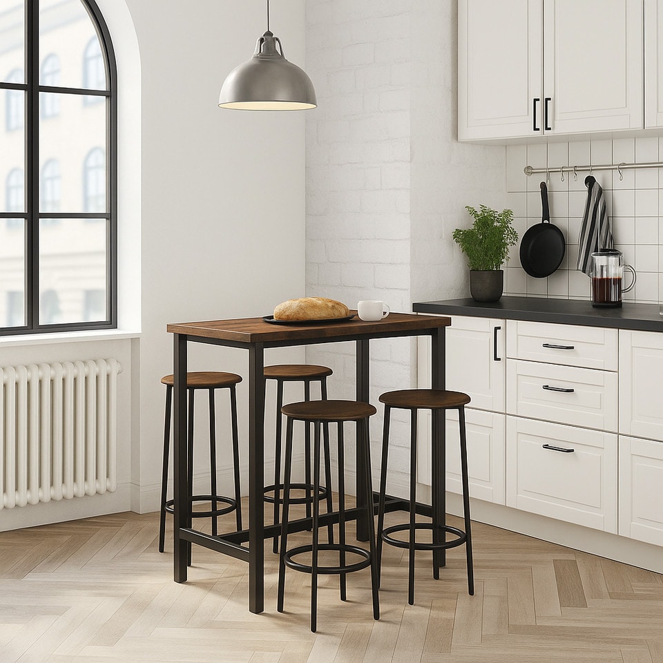 image 1 of CANCUN Bar Table & Stools Set Kitchen Dining Breakfast Industrial Furniture | Multi | 5 Piece Rustic Brown