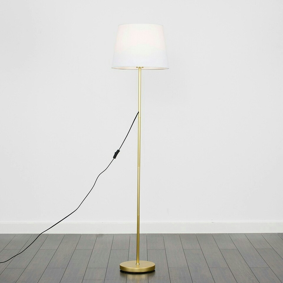 image 1 of ValueLights Charlie Gold Floor Lamp White Taper Shade & Bulb