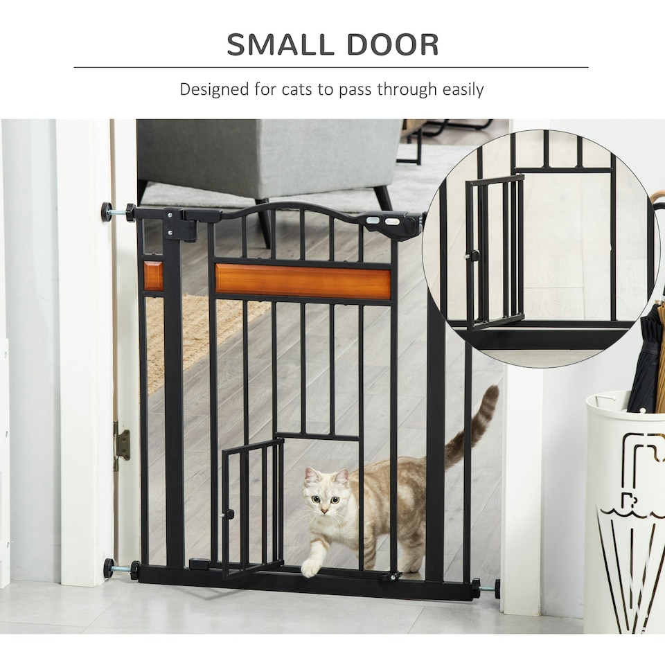 image 1 of PawHut Dog Gate Pet Safety Gate W/ Cat Door Auto Close Pine Decor 74-80 cm Wide
