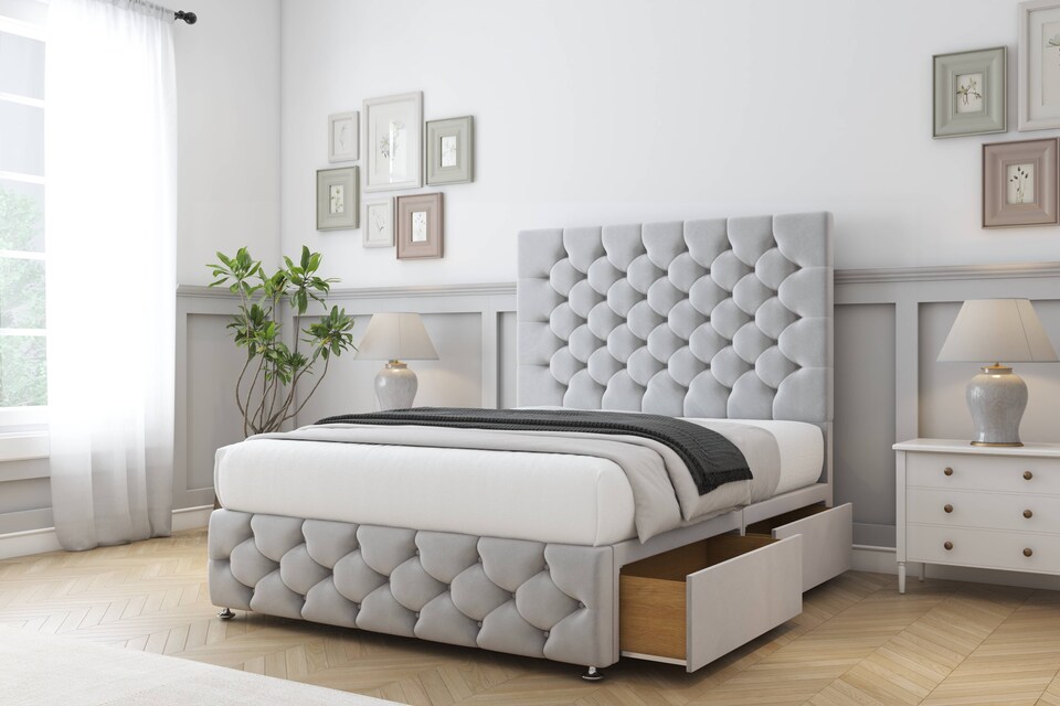 image 1 of Sloomy Watson Silver Plush Divan Bed Base 2 Drawers Left Side With 26 Inch Strutted Headboard & 12 Inch Matching Footboard | Silver | Silver | King | 1