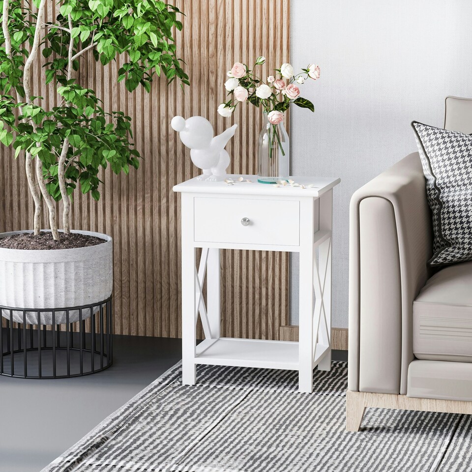 image 1 of HOMCOM 55cm End Side Table w/ Drawer Shelf Stand Black White