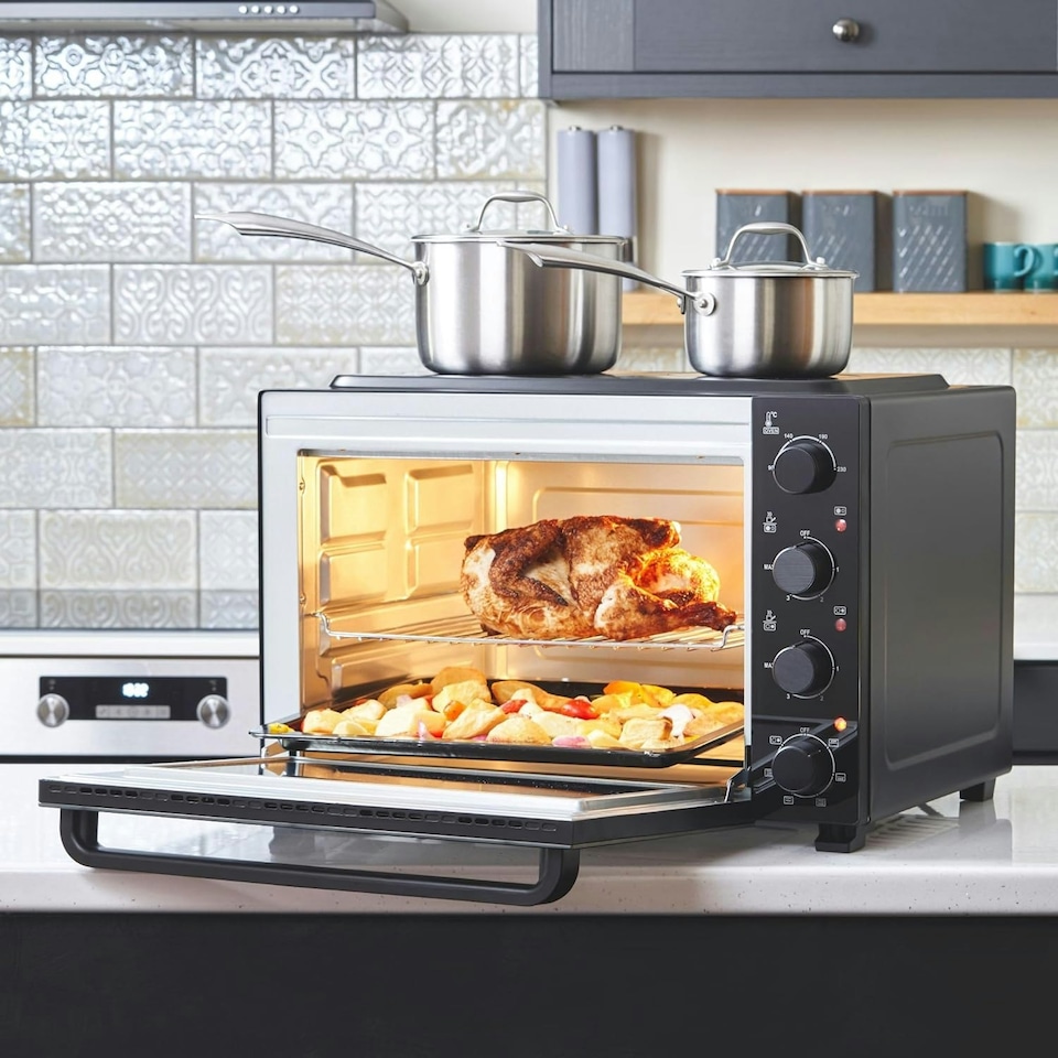 image 1 of Cooks Professional Mini Oven | 48 Litre with 2 Ceramic Hobs | 1800W Oven | 1000W and 1500W Ceramic Hobs | Black Contemporary