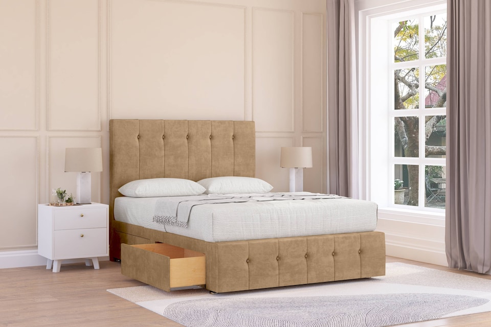 image 1 of Sloomy Cambridge Latte Dumfries Divan Bed Base No Drawers With 54 Inch Floor Standing Headboard & 12 Inch Matching Footboard | Brown | Latte | Small Double | 1